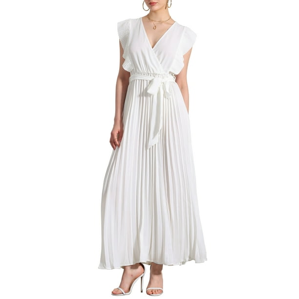 INSPIRE CHIC Women's Wrap Dress V Neck Ruffled Trim Fit & Flare Maxi Dress  2XL White - Walmart Business Supplies