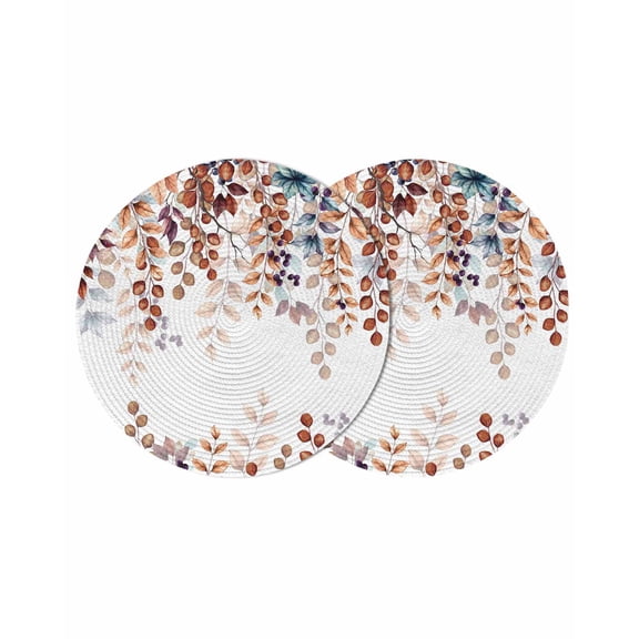 Brown Eucalyptus Fall Round 13 Inch Placemats Set of 2, Botanical Weeping Leaves Pastoral HeatResistant Non Slip Place Mats for Dining Table, Wipeable Braided Kitchen Table Mats for Housewarming