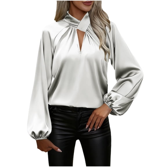 hotojiny Dressy Tops for Women Office Work Lantern Long Sleeve Shirts Elegant Keyhole Pleated Silk Satin Blouses Spring Outfit