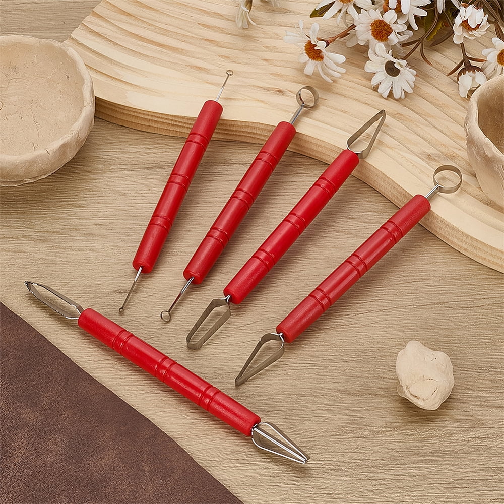 5Pcs 5 Styles 420 Stainless Steel Clay Sculpting Tool with Plastic Handle Carving Pen for Clay Craft Red 160~175x11.5~12mm 1pc/style