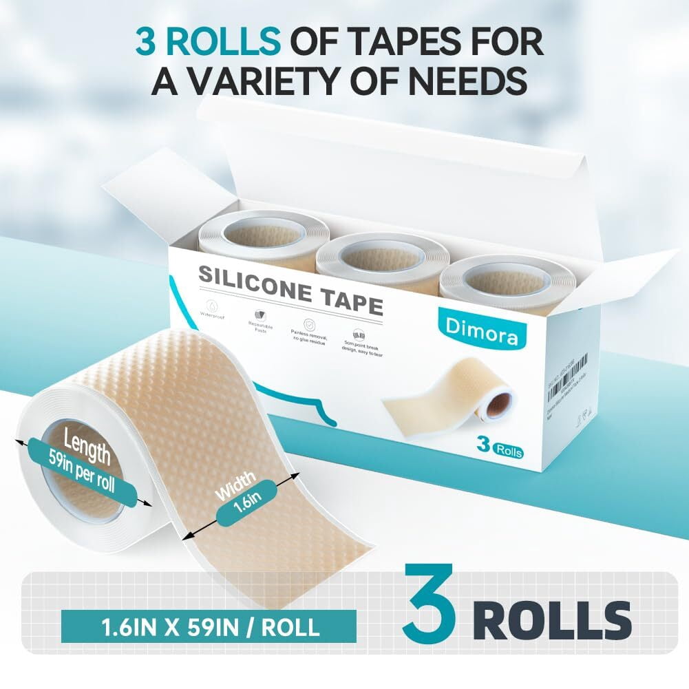 Dimora Silicone Tape 3 Rolls - Hypoallergenic Medical Tape for Sensitive Skin, Pain-Free Removal First Aid Tapes with Easy Tear Precut, Waterproof Surgical Tape, 1.6 in x 177 in
