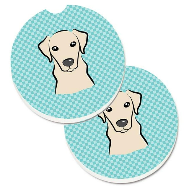 Checkerboard Blue & Yellow Labrador Set of 2 Cup Holder Car Coaster
