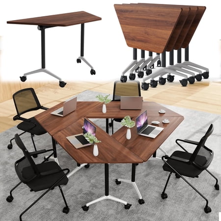 Folding Conference Table Modular Conference Room Tables Modern Flip Top Rolling Meeting Table Seminar Training Room Tables for Office Trapezoid(47inWalnut 10)