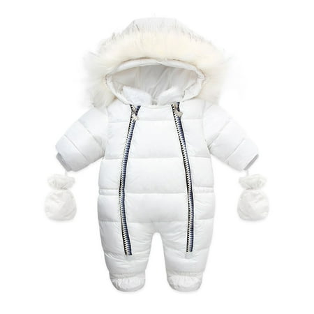 

Yinyinxull Winter Newborn Baby Boys Girls Clothes Pu Leather Snow Wear Warm Jumpsuit with Foot Covers Gloves White 9-12 Months