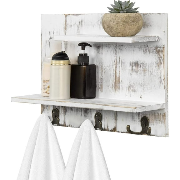 2 Tier Wall Mounted Shabby White Washed Solid Wood Bathroom Storage Shelves, Decorative Entryway Floating Shelf Rack with 6 Hooks for Hanging Towels