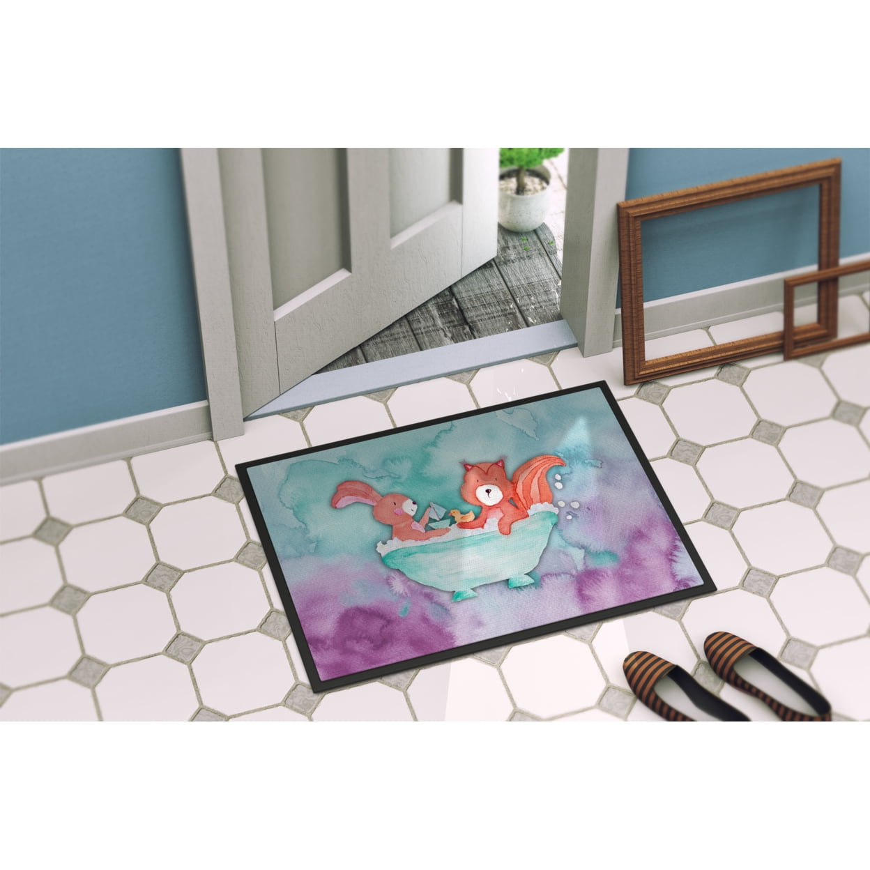 Rabbit and Squirrel Bathing Watercolor Door Mat