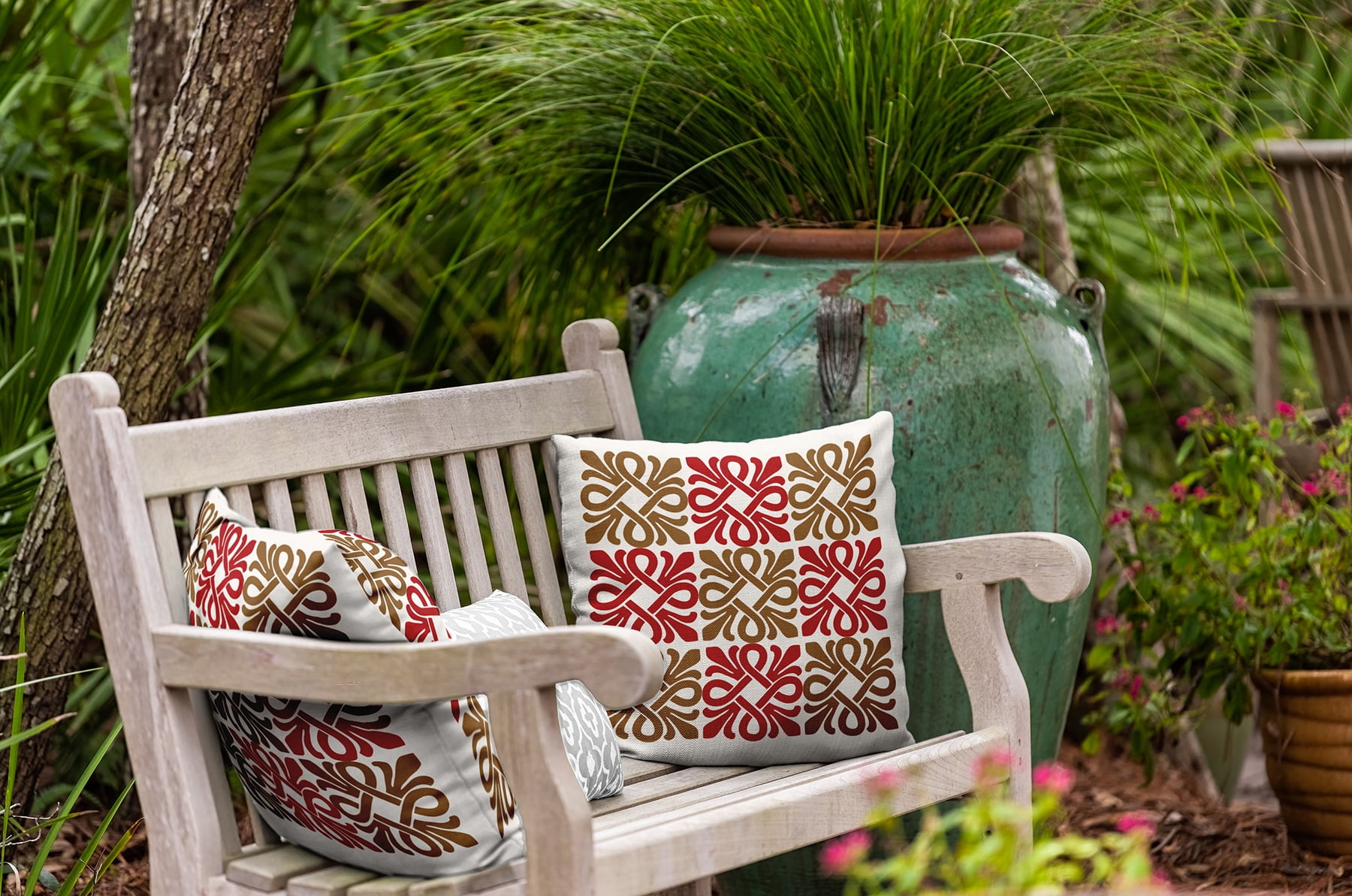 16"x16" Square Simply Daisy Tiki Square Poly Indoor/Outdoor Pillow, Red Qty 1