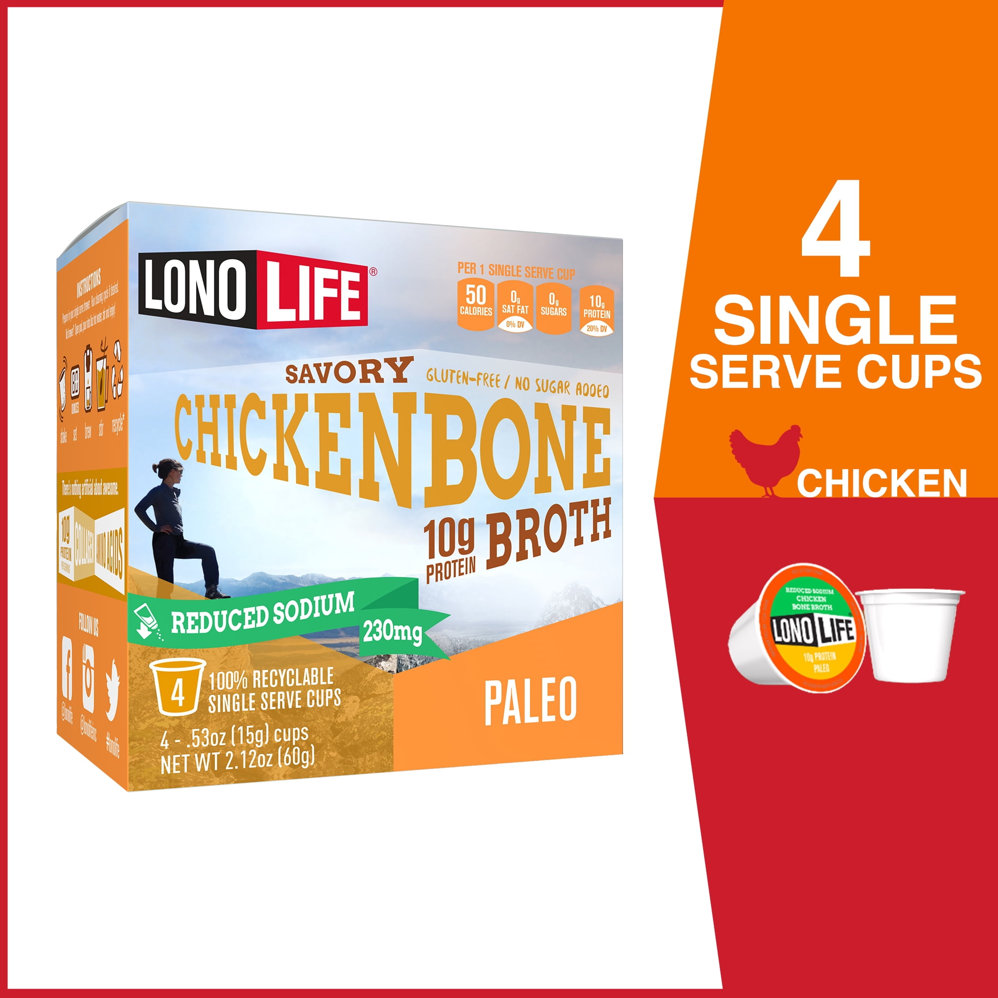 LonoLife Reduced Sodium Chicken Bone Broth Powder with 10g Protein