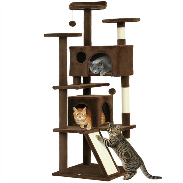 PawHut 54" Cat Tree Tower with Scratching Posts, Cat Condos, Light Brown