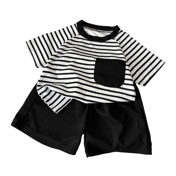 Akiihool Two Piece Short Set for Newborn Boy Boy Summer Clothes Outfits Set Short Sleeve T-Shirt Tops And Short (Black,6-12 Months)