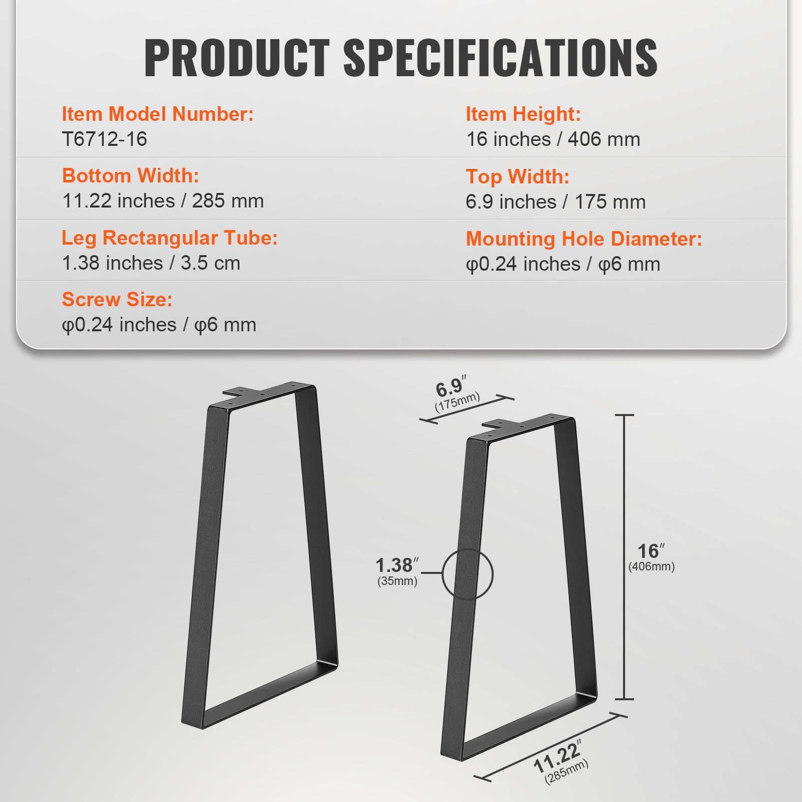 KFFKFF 16" Steel Trapezoid Legs, 2-Pack for Crafting Tables, Desks, Benches, Sofas, Supports up to 400 lbs, Durable, Easy Install, Black