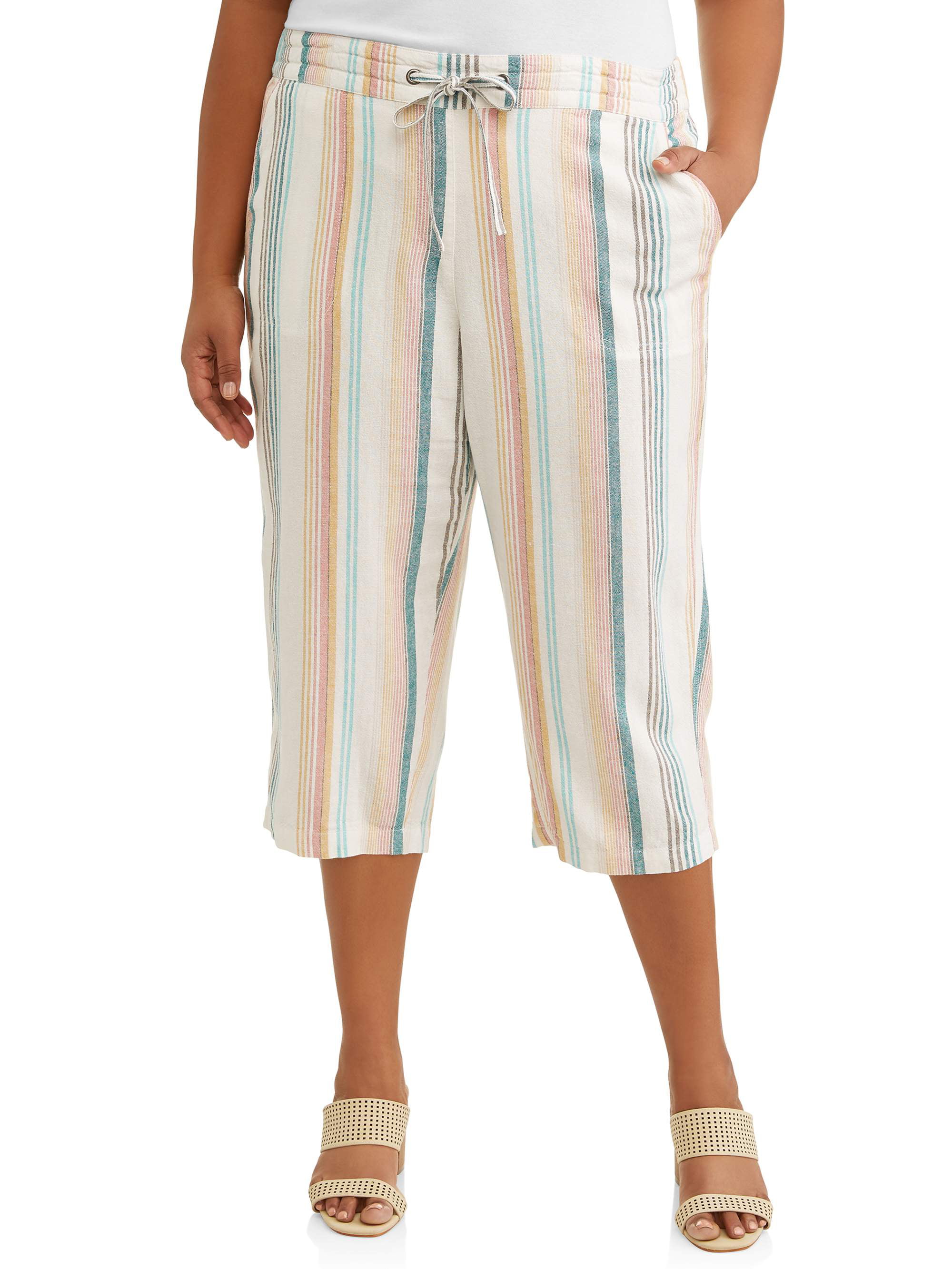 Per Se - Women's Plus Size Stripe Linen Drawstring Waist Capri ...