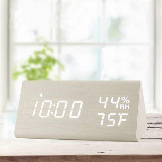 Reloj despertador digital con pantalla LED electrónica de madera, 3 configuraciones de alarma, detección de humedad y temperatura, dormitorio, reloj eléctrico de madera para