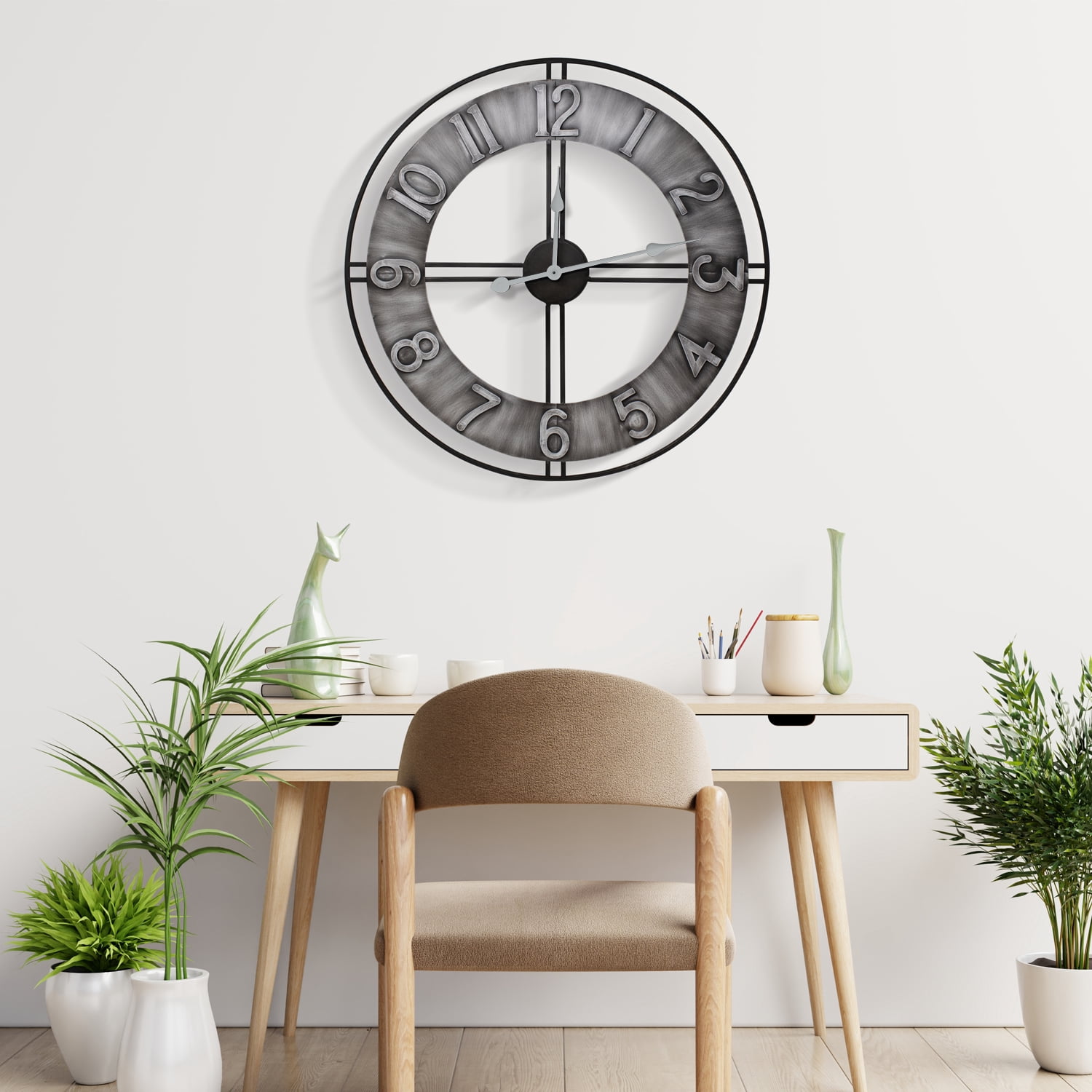 Sorbus 24" Oversized Decorative Wall Clock, Gray Metal, Arabic Numerals, Quartz