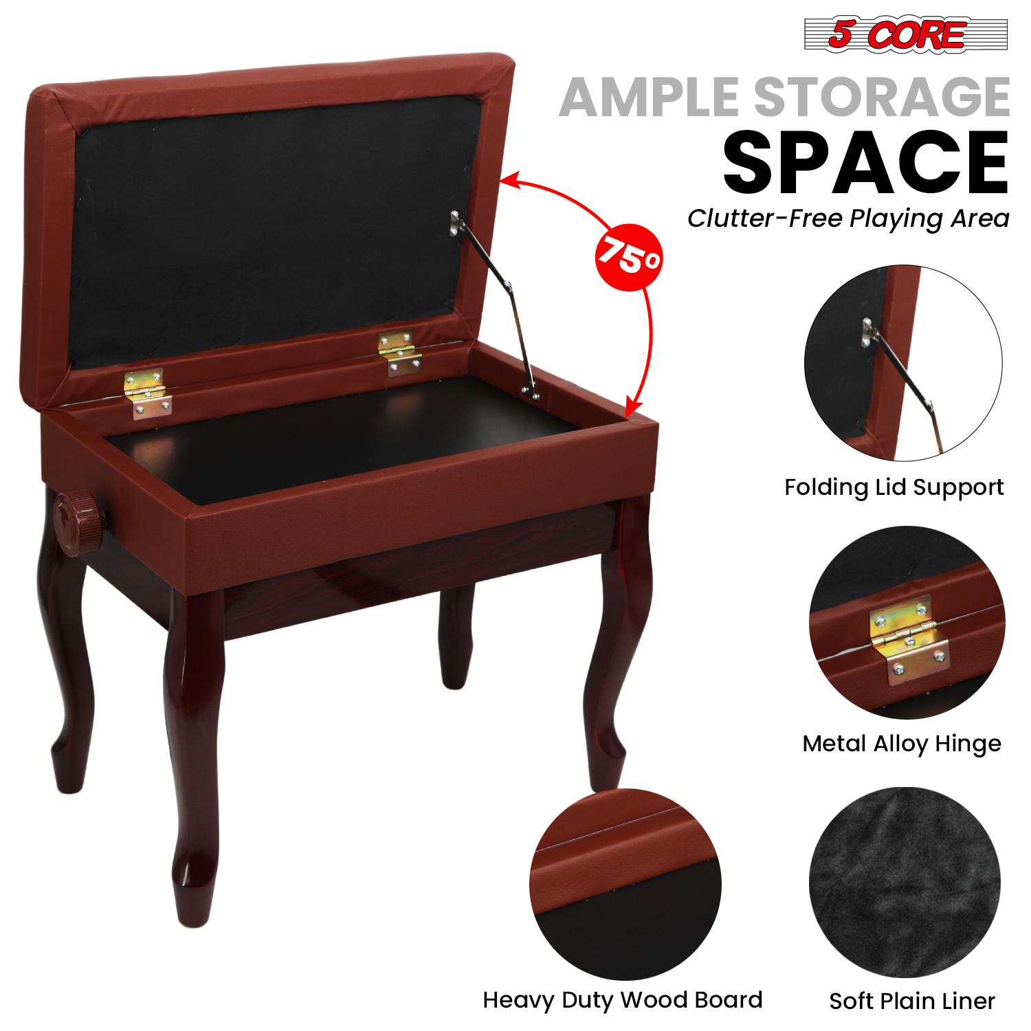 5 Core Adjustable Piano Bench Thick 3.25" Solid Wood Keyboard Stool Heavy Duty Musician Chair
