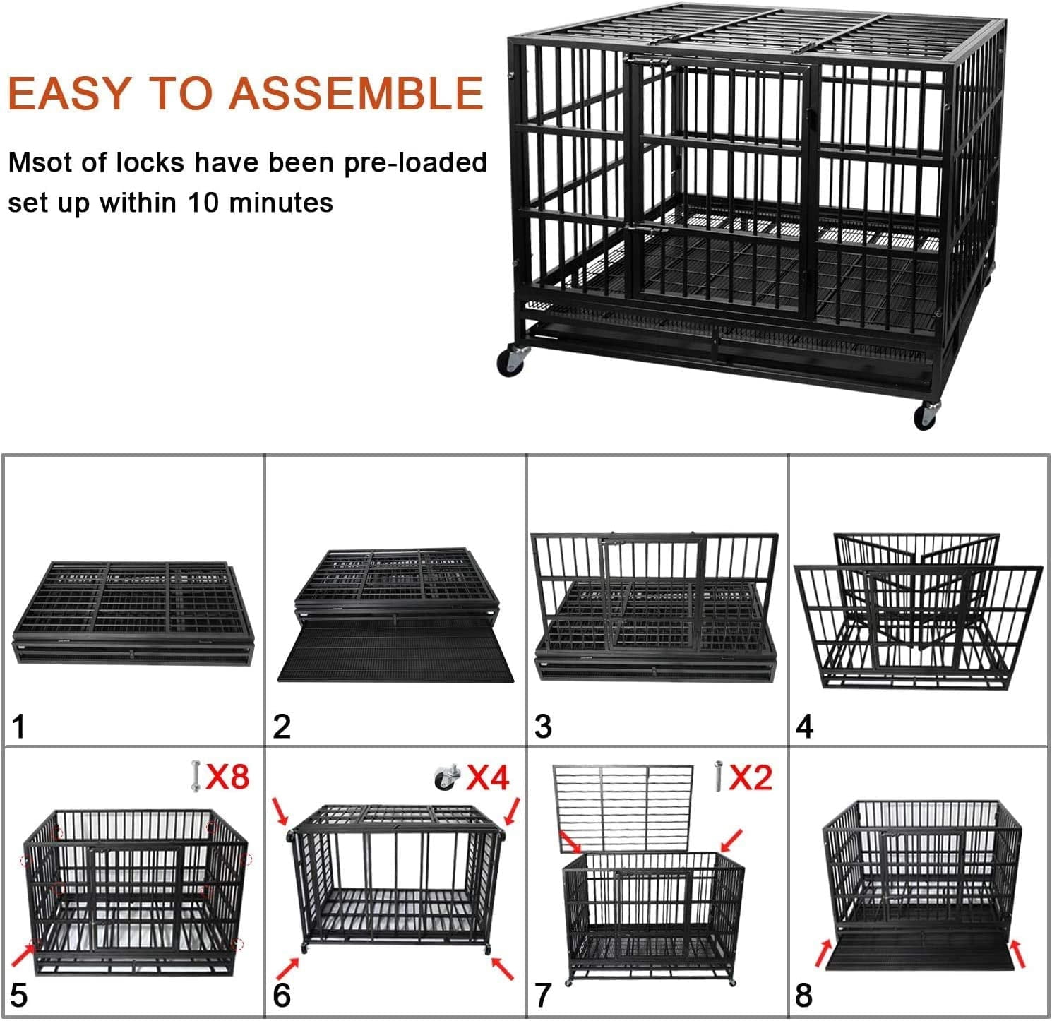 Waleaf 38 Inch Heavy Duty Dog Crate Cage with Wheels for Indoor, Large Dog Kennel with Removable Tray