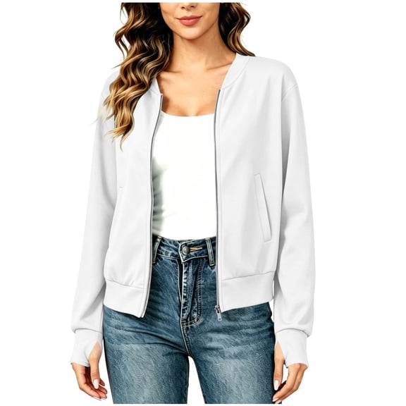 Puntoco Woman Fashion Solid Color V-Neck Zipper Pocket Long Sleeves Tops Jacket Coat White XL
