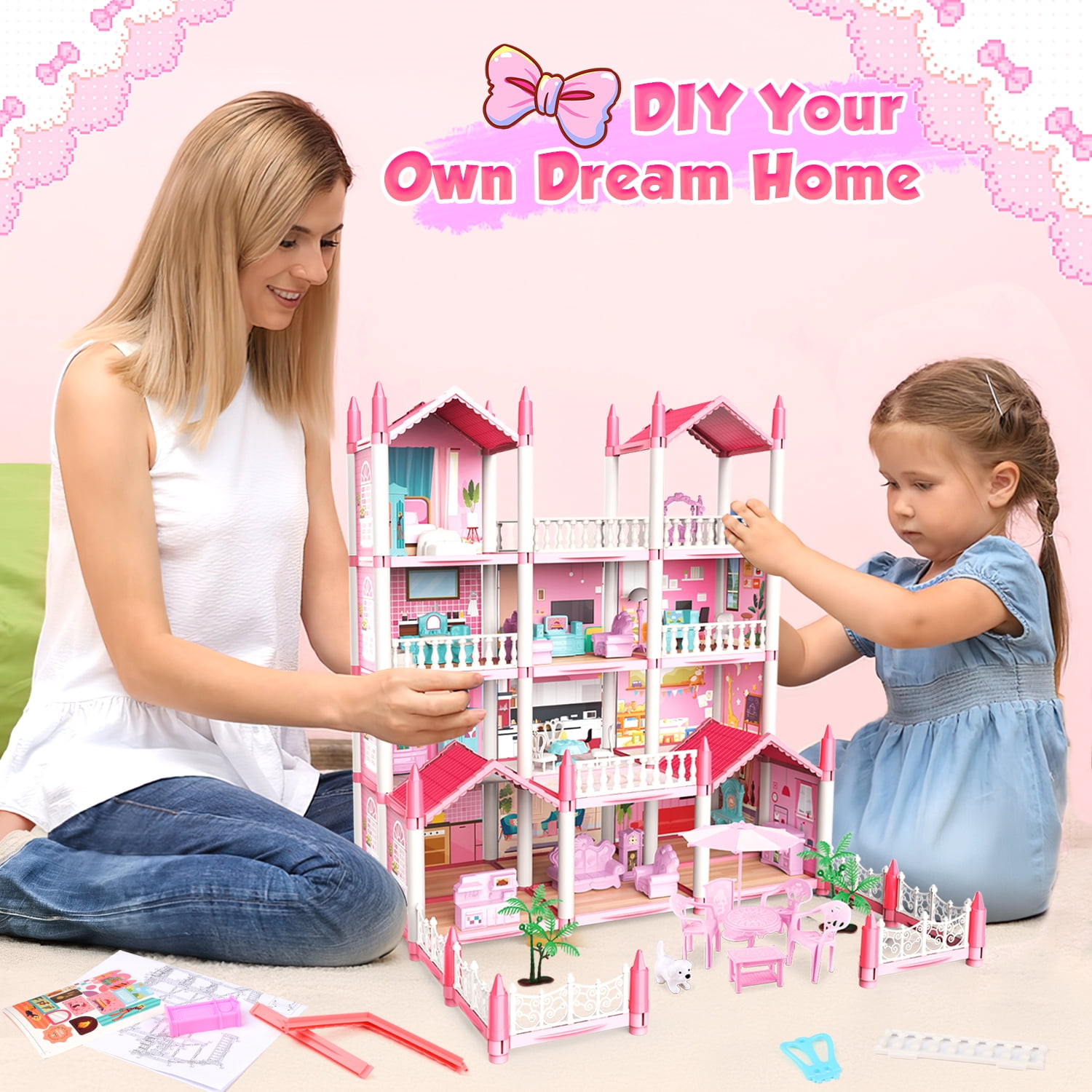 Freecat Doll House Kit Girls Toy, 11 Rooms DIY Pretend Play Dollhouse Playset Toys with Accessories and Furniture, Princess House, Birthday Gifts for 6-12 Year Old Girls (Pink)
