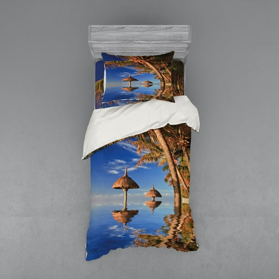 Ambesonne Tropical Bedding Set 3 Pcs, Palm Trees Calm Ocean, Twin, Blue Brown