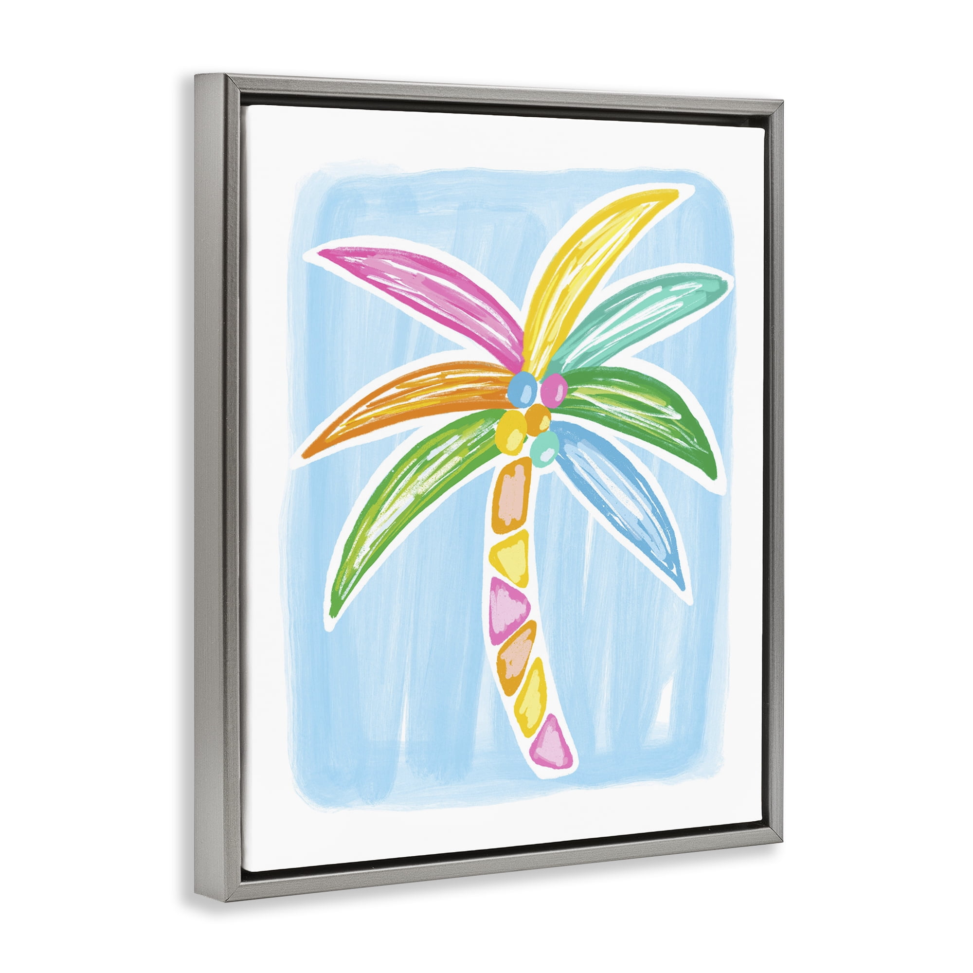 Stupell Industries Pastel Palm on Blue Botanical & Floral Painting Gray Floater Framed Canvas Art Print Wall Art, 17 x 21