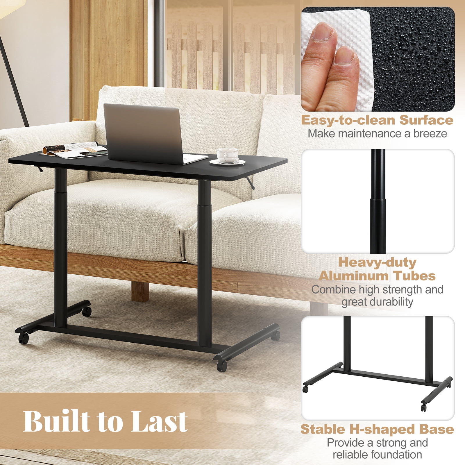 Costway Contemporary Wood Adjustable Height Rolling Computer Desk in Black