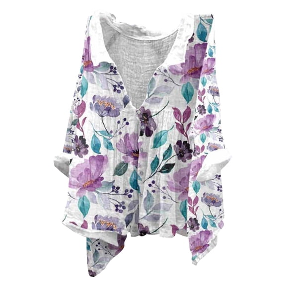 LIJCC Women'S Button Lapel Vintage Art Floral Print Linen Shirt Women'S Button Lapel Art Floral Print Autumn Scented Linen Shirt