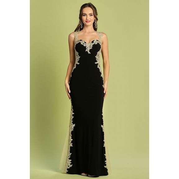 Women's Adora Design 3115 Sleeveless Applique Mermaid Long Formal Gown Black And Gold Size 2XL Black/gold