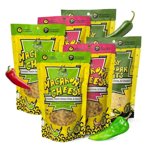 FishSki Provisions Hatch Chile Grits, Mac and Cheese - Just Add Water - Multi Recipe Pack (6 x 6oz Packs)