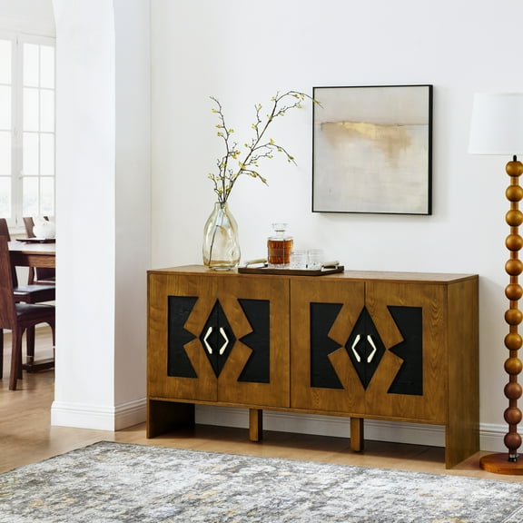 60" Mid Century Modern Sideboard Buffet Cabinet with Storage, TV Media Console, Storage Cabinet with Geometric Pattern & Adjustable Shelves for Kitchen Dining Living Room Entryway Hallway, Walnut 8982