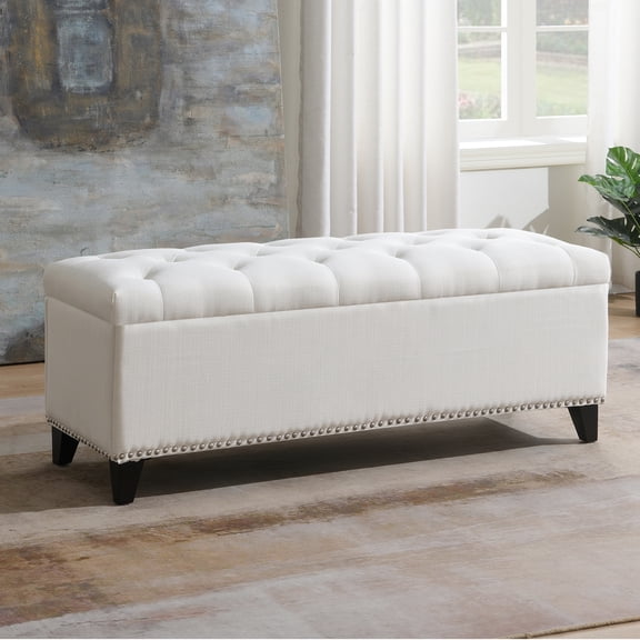QianYueLUX 47.5” Storage Ottoman Bench, Upholstered Button-Tufted End of Bed Bench with Safety Hinge & Solid Wood Legs, Foot Rest for Living Room, Bedroom, Hallway (Linen,White)
