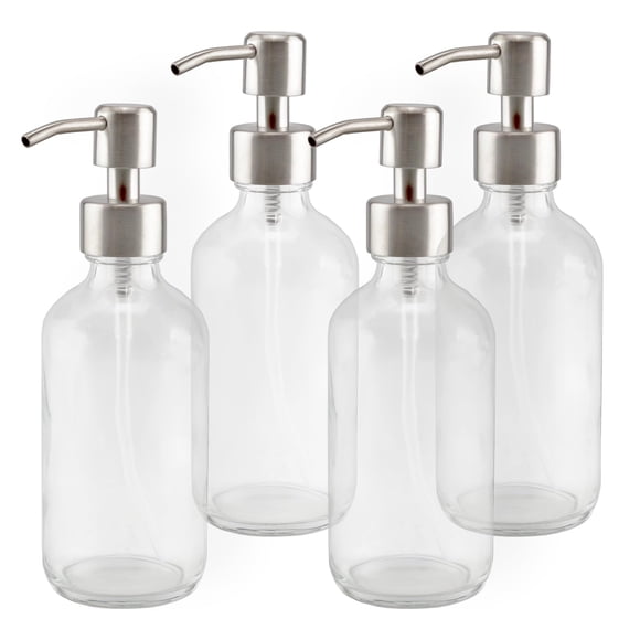 Botella Cornucopia Brands de vidrio transparente de 235 ml con bombas de loción de acero inoxidable, 8 oz (paquete de 4)
