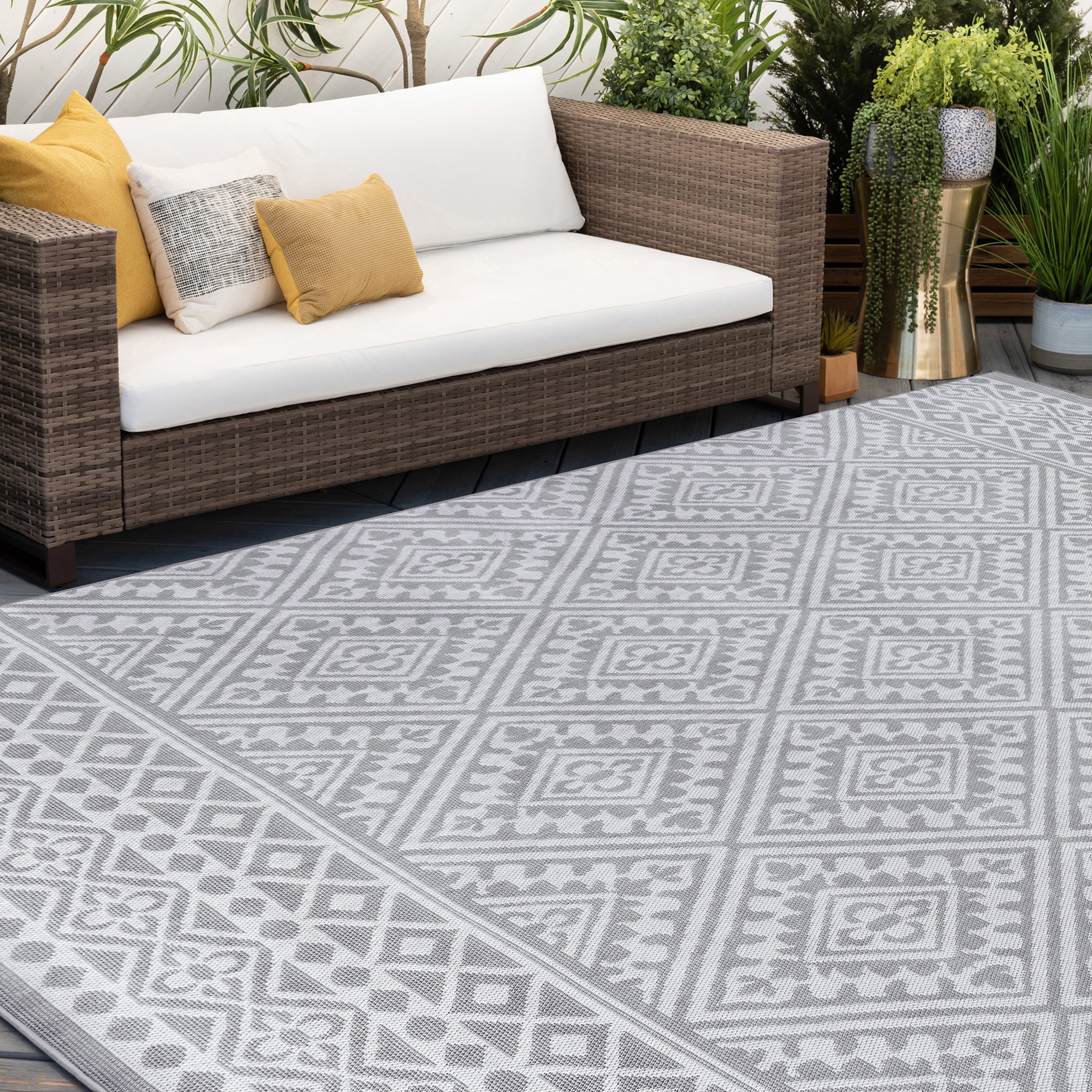 2x8 Water Resistant, Indoor Outdoor Runner Rugs for Patios, Hallway, Entryway, Deck, Porch, Balcony or Kitchen | Outside Area Rug for Patio | Gray, Tribal | Size: 2'2'' x 7'3''
