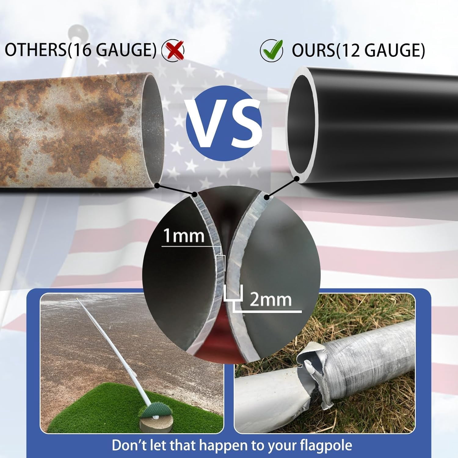 Heavy Duty Flag Pole - 20 FT 12 Gauge Extra Thick Aluminum Flagpole Kit for Outside House In Ground - 100MPH Wind Tested