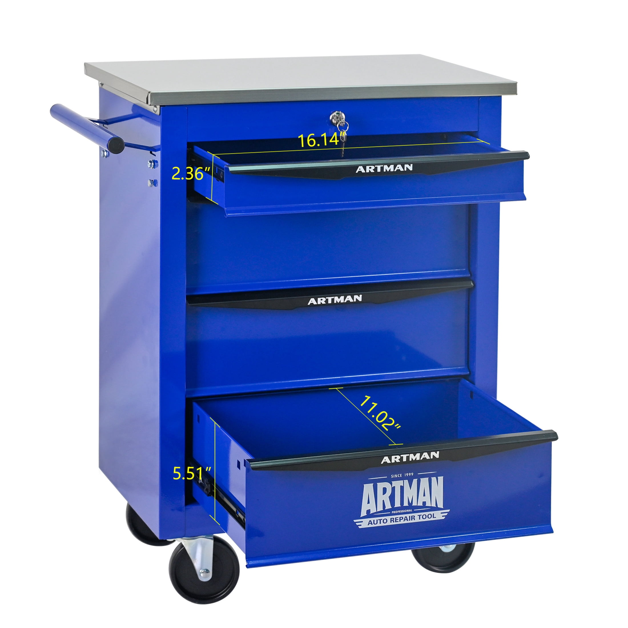 Noble House 4-Drawer Rolling Tool Organizer Cart, Steel Mobile Chest Storage with Worktop for Garage Workshop, Blue