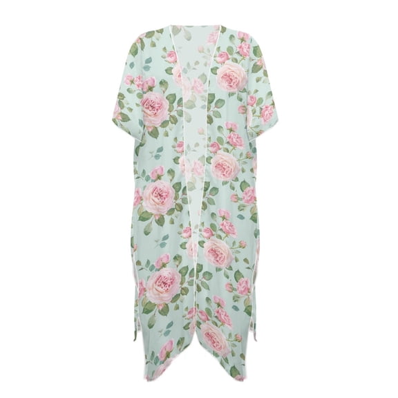HELLHERO Short Sleeve Long Kimono Swimsuit Cover Up for Beach Polyester Fashion Women's Beach Coverups Kimono Cardigan Rose
