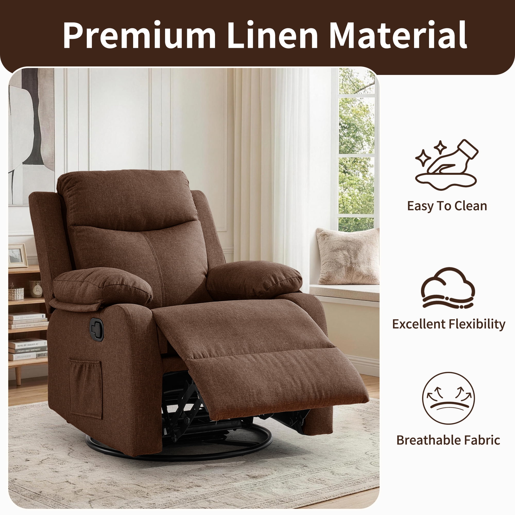 GEEYOO Manual Swivel Rocker Recliner Chair with Side Pockets,Small Recliner Chair for Small Spaces,Upholstered Linen Fabric Glider Nursery Chair for Living Room,Brown