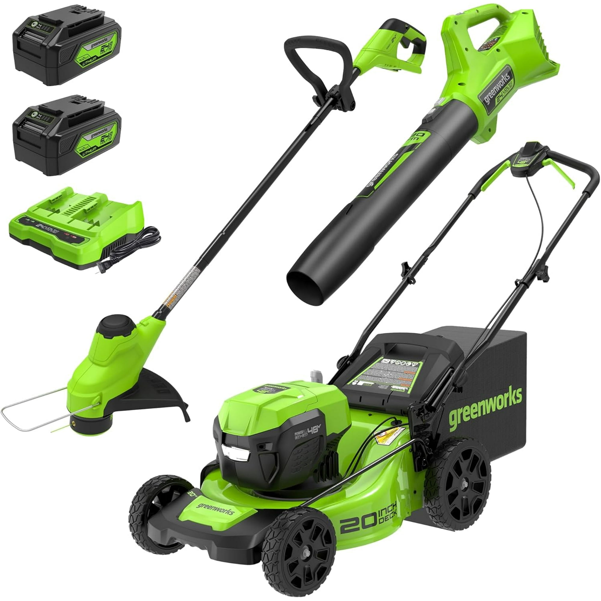 Greenworks 48v 2x24v Lawn Mower String Trimmer Blower Combo 2 4.0ah Batteries And Dual Port Charger Included