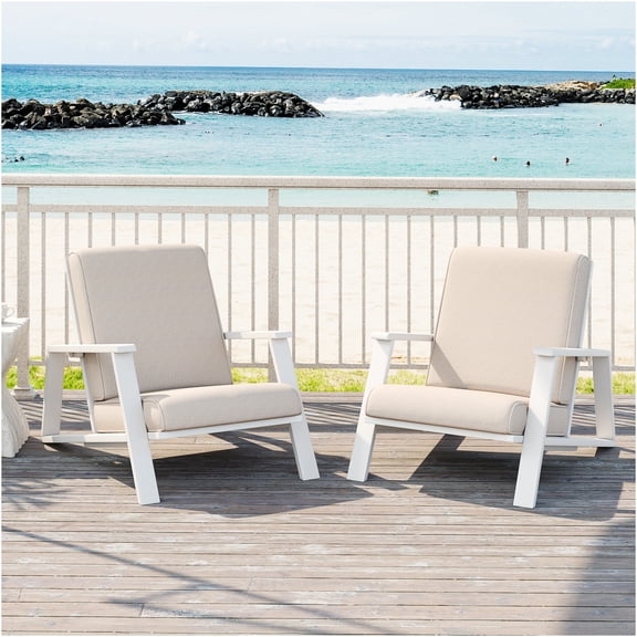 JERFIT 2-Piece Outdoor Adirondack Chair Set with Beige Cushions, All-Weather Acacia Wood Patio Lounge Chairs for Garden, Poolside, Porch