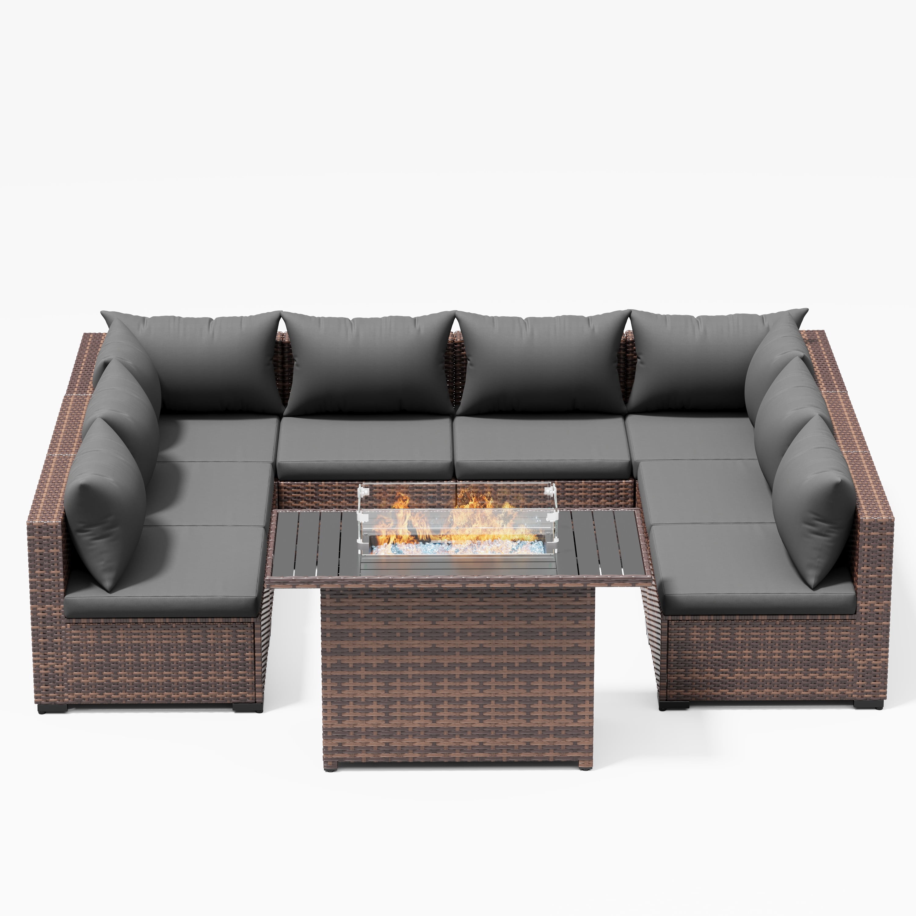 ELPOSUN Patio Furniture Set, Outdoor Patio Furniture Wicker Sectional Furniture Couch Set, 9 Pieces Outdoor Sectional Sofa with Fire Pit Table, Outdoor Patio Set for Outdoor Furniture (Grey)