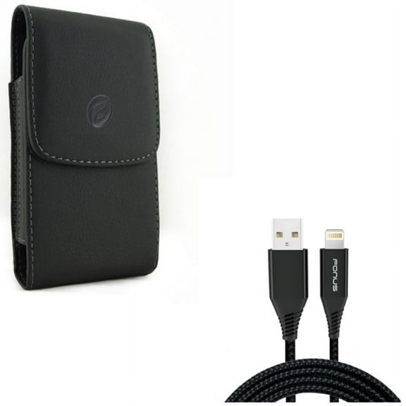 Leather Case Belt Clip w Charger Cord 10ft USB Cable for iPhone XS Max/8 PLUS/7 Plus/6S Plus/6 Plus - Holster Cover Pouch Vertical Carry and Power Wire Braided Long Sync