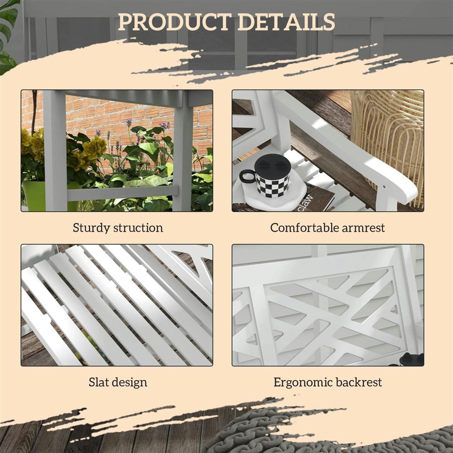 Demi Bonn 46" Large Outdoor Bench with Wooden Slatted Frame, Durable Garden Bench for Patio, Deck, White