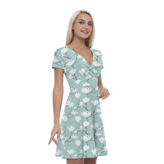 Women’s A Line Flower Summer Dress, Retro Triangle Arrangement, Cross Wrap V Neck, 6 Sizes, by Ambesonne