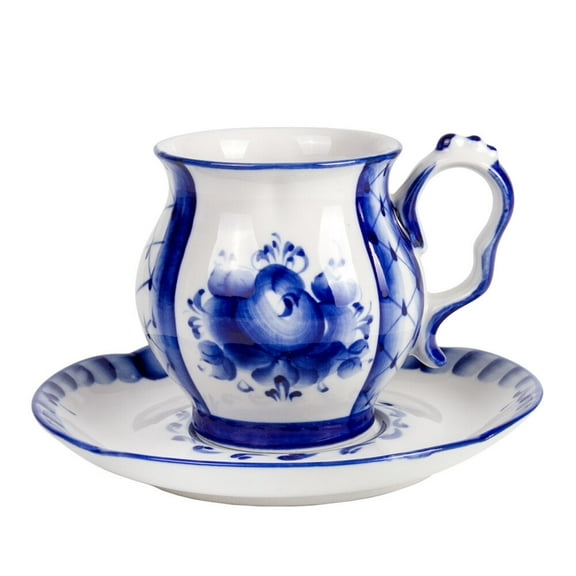JSC Gzhel Blue Rhapsody Porcelain Cup and Saucer Set 11.8 fl oz (350 ml) Floral Teacup with Saucer for One Porcelain Tea and Coffee Cup for Home Kitchen, Service for 1, Blue and White