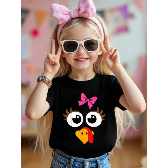 Cute Thanksgiving Turkey Face Shirt Women Girls Turkey Day KidsCotton Soft Graphic Tee Breathable Party Dress T-Shirt