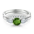 thumbnail image 3 of Gem Stone King 10K White Gold Green Chrome Diopside White Moissanite and White Lab Grown Diamond 5 Stone Bridal Engagement Wedding Ring Set for Women (0.81 Cttw, Round: 5MM and 3MM, Size 9), 3 of 6