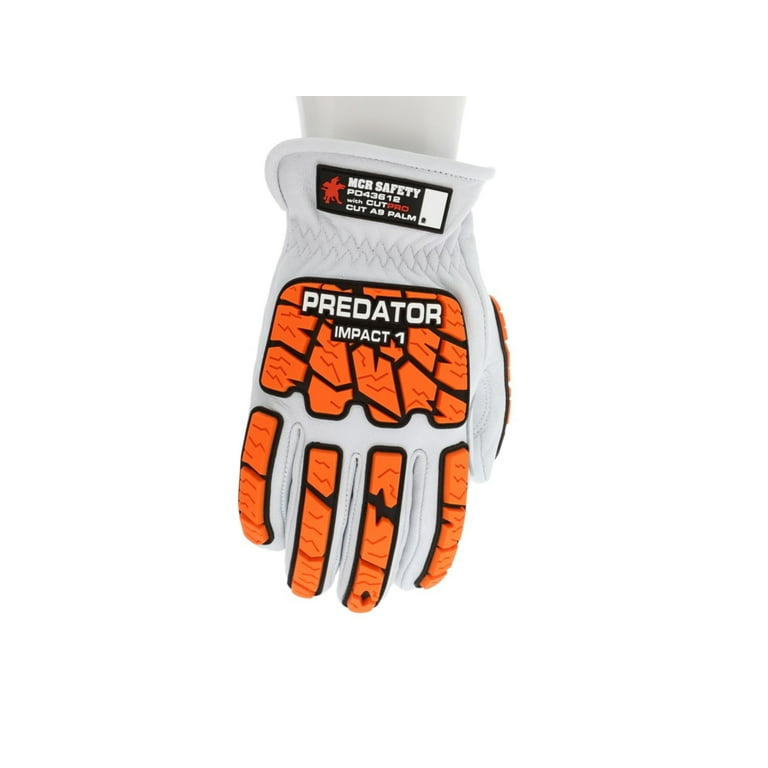 MCR Safety Predator Gloves, Impact 1, Goatskin, CutPro A9, Orange/White, M