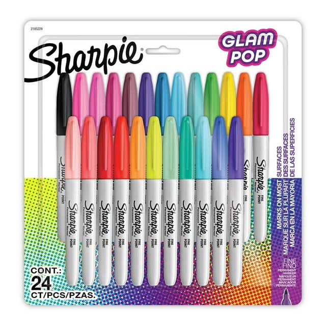 Sharpie Glam Pop Marqueurs Permanents, Pointe Fine, Couleurs Assorties, Lot de 24