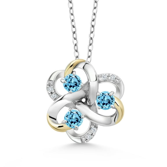 Gem Stone King 925 Silver and 10K Yellow Gold Round Swiss Blue Topaz and White Lab Grown Diamond 3-Stone Pendant Necklace for Women (1.12 Cttw, Gemstone November Birthstone, with 18 inch Chain)