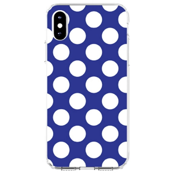 DistinctInk Clear Shockproof Hybrid Case for iPhone X / XS (5.8" Screen) - TPU Bumper, Acrylic Back, Tempered Glass Screen Protector - White & Dark Blue Polka Dots
