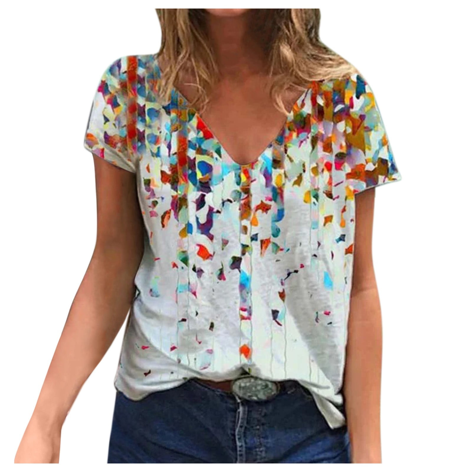 XINSHIDE Women T-Shirts Color Tassel Oil Painting Print V-Neck  Short-Sleeved Top T-Shirt T Shirts Women
